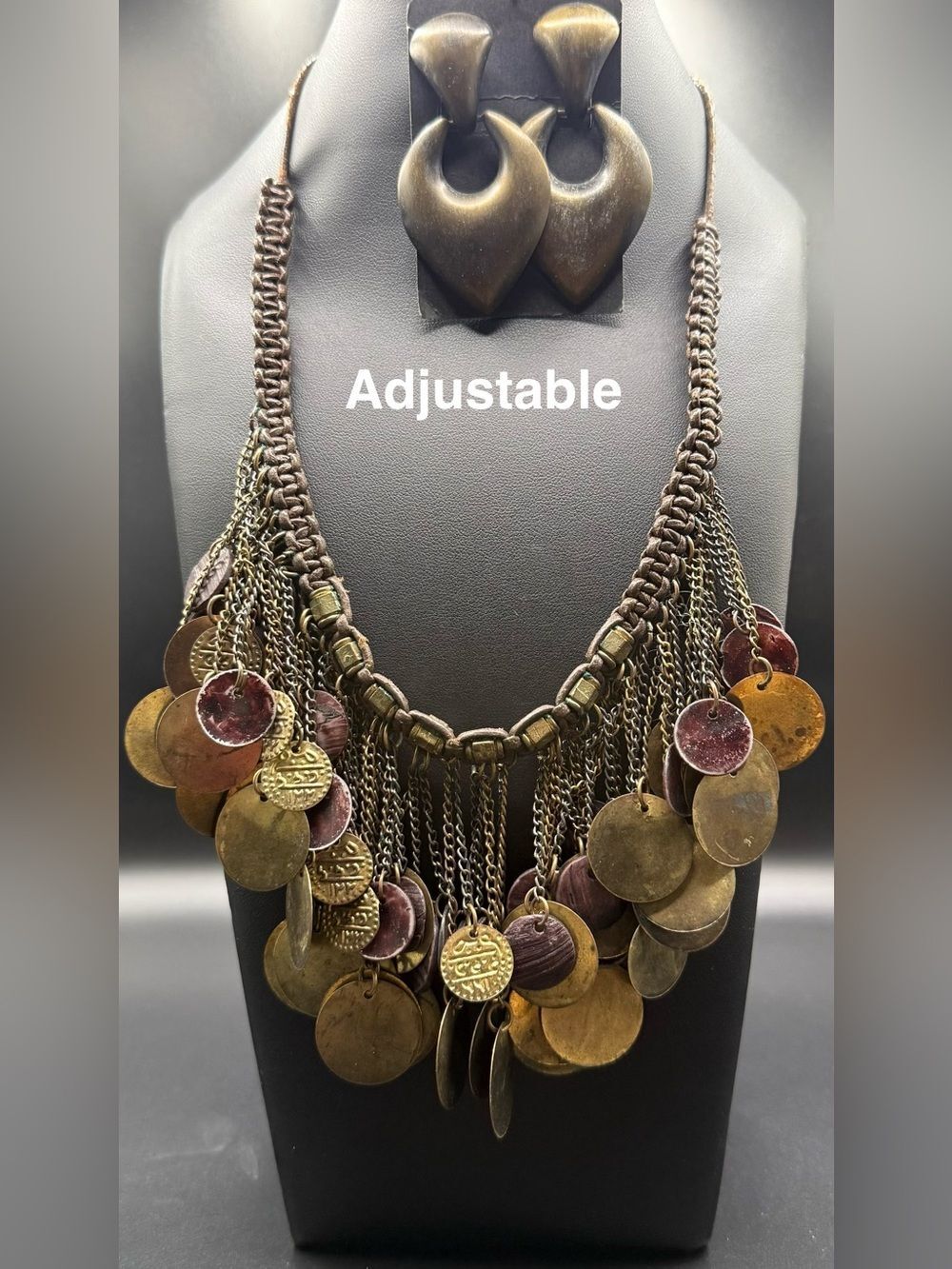 193. Adjustable Boho Coin Fringe Necklace in Brass and Burgundy